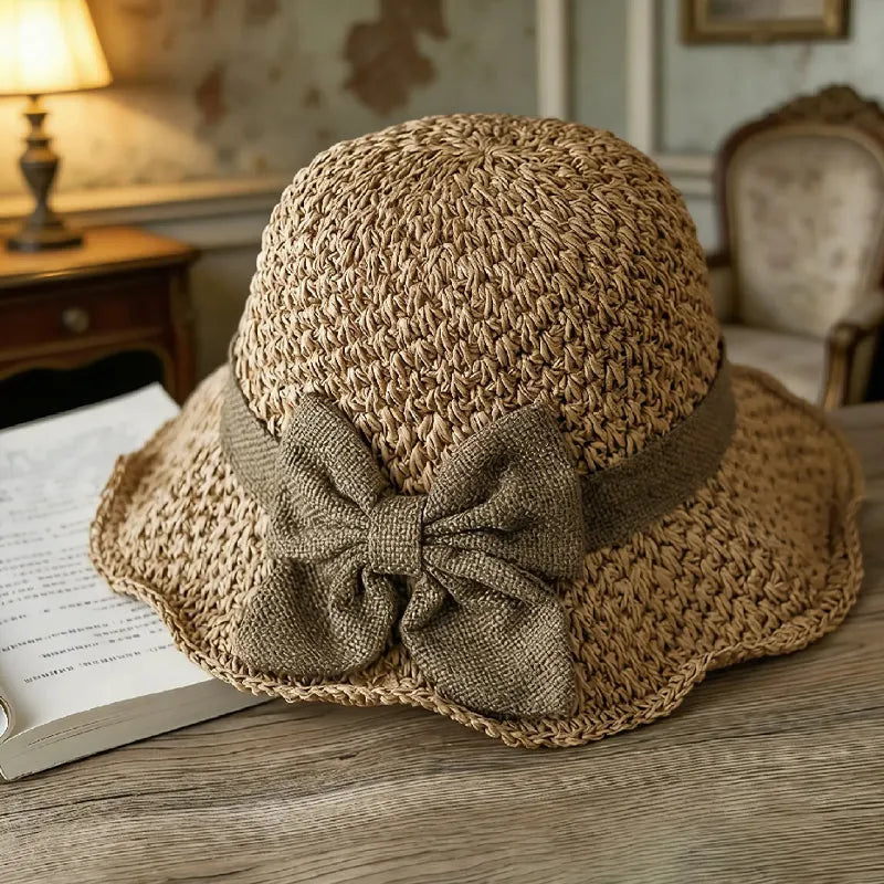 🏖️👒Elegantní pletený slaměný klobouk s mašlí